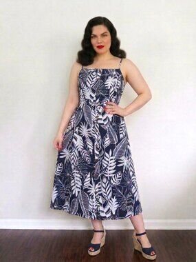 Old Navy Cotton Linen Navy Blue & White Tropical Button Front Dress - NWOT